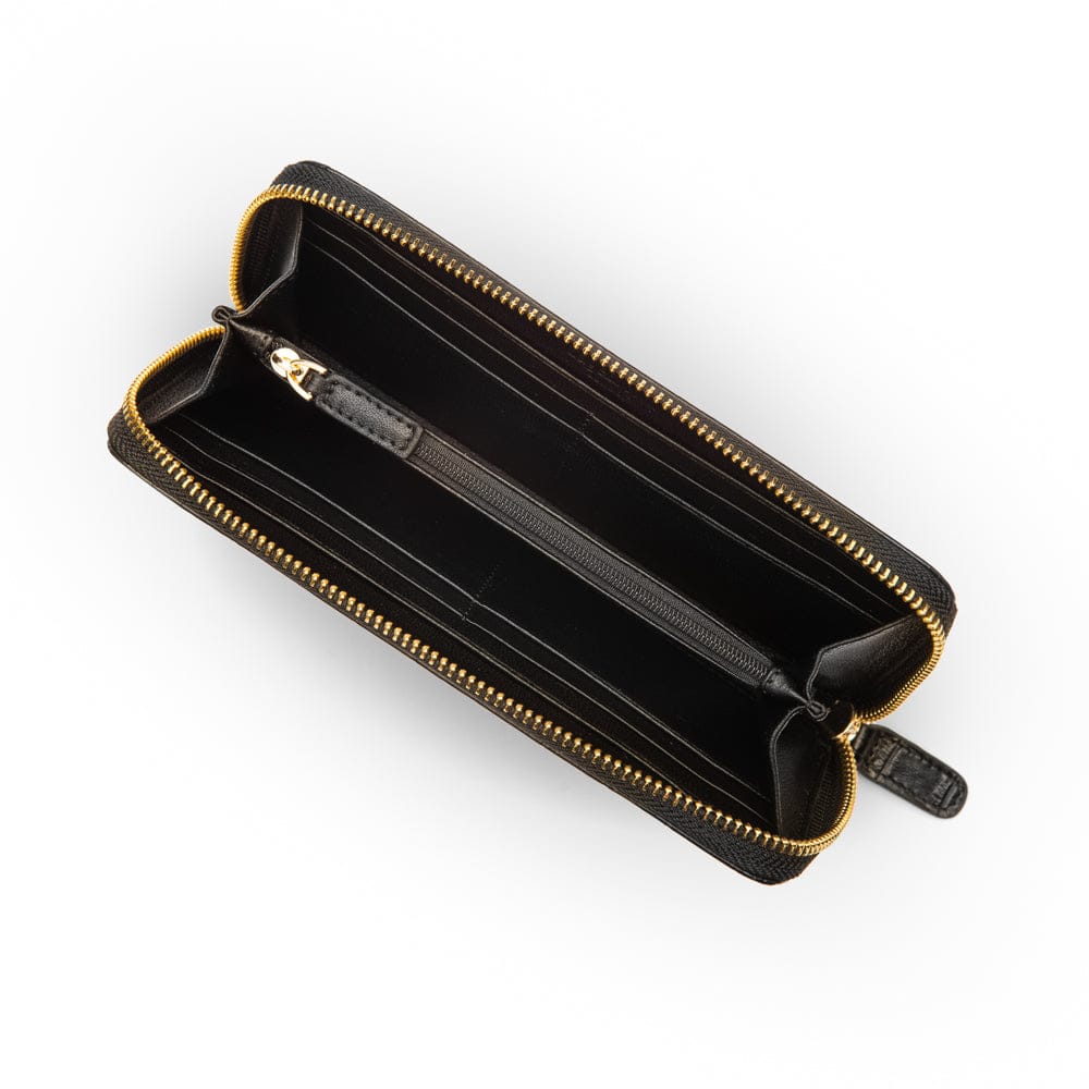 Tall leather zip around accordion purse, black croc, inside