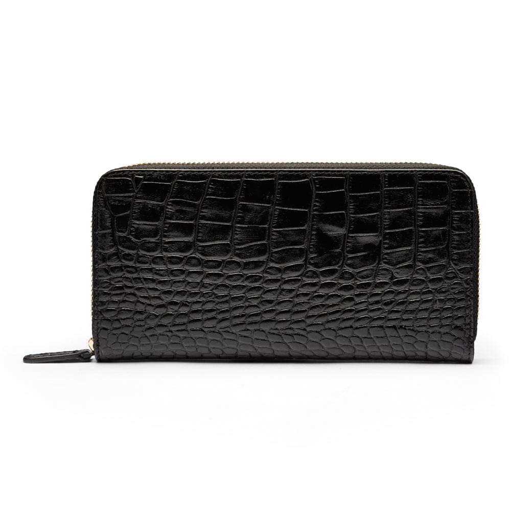 Tall leather zip around accordion purse, black croc, back