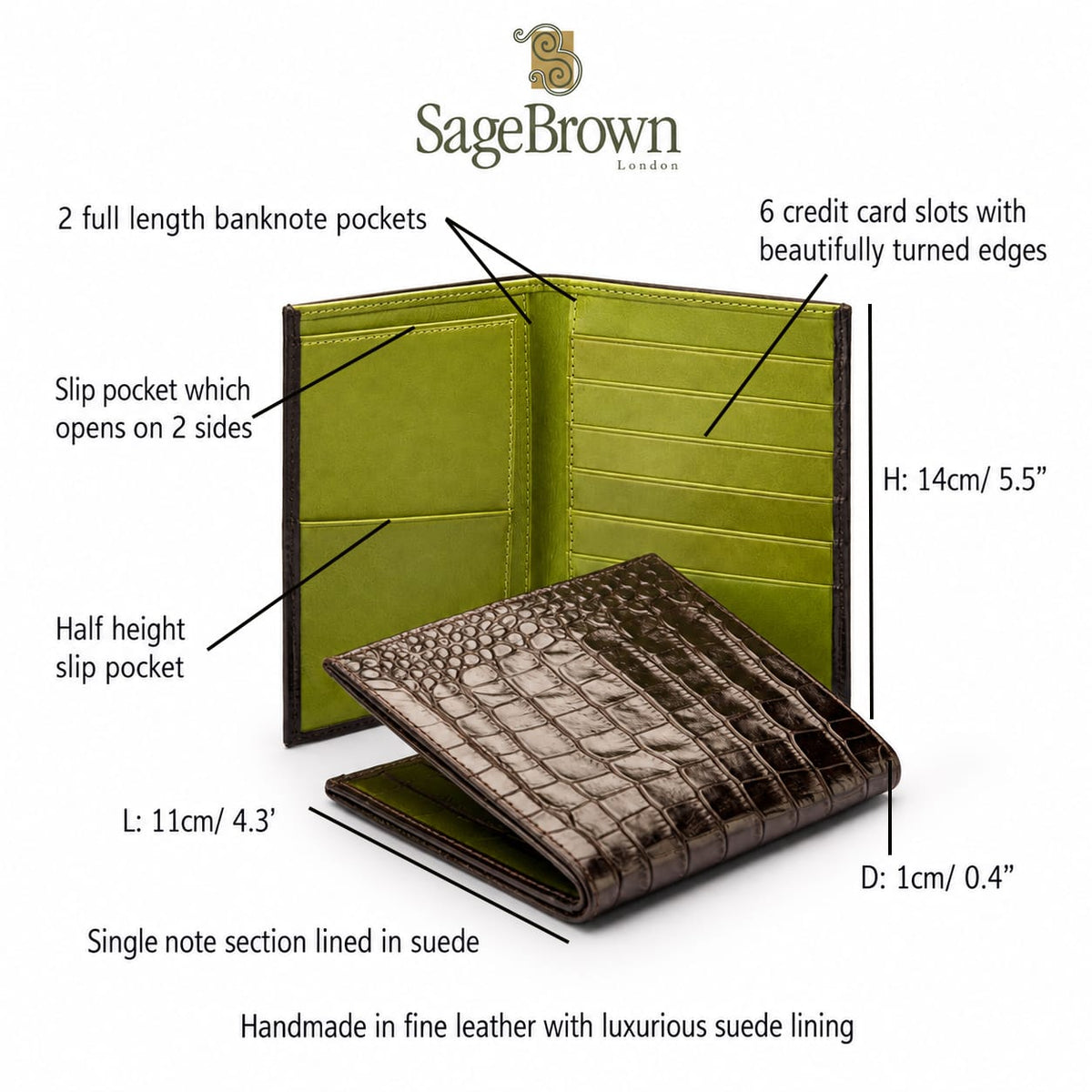 Three quarter bifold wallet with 6 Card slots, features and dimensions