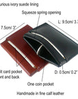 Leather squeeze spring coin purse, features and dimensions