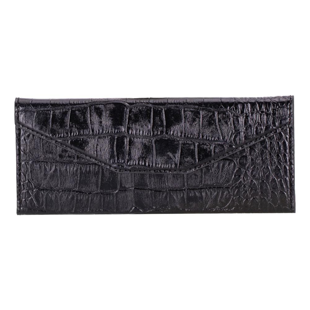 Triangular leather glasses case, black croc, front