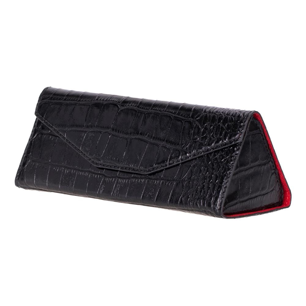 Triangular leather glasses case, black croc, front side