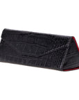 Triangular leather glasses case, black croc, front side