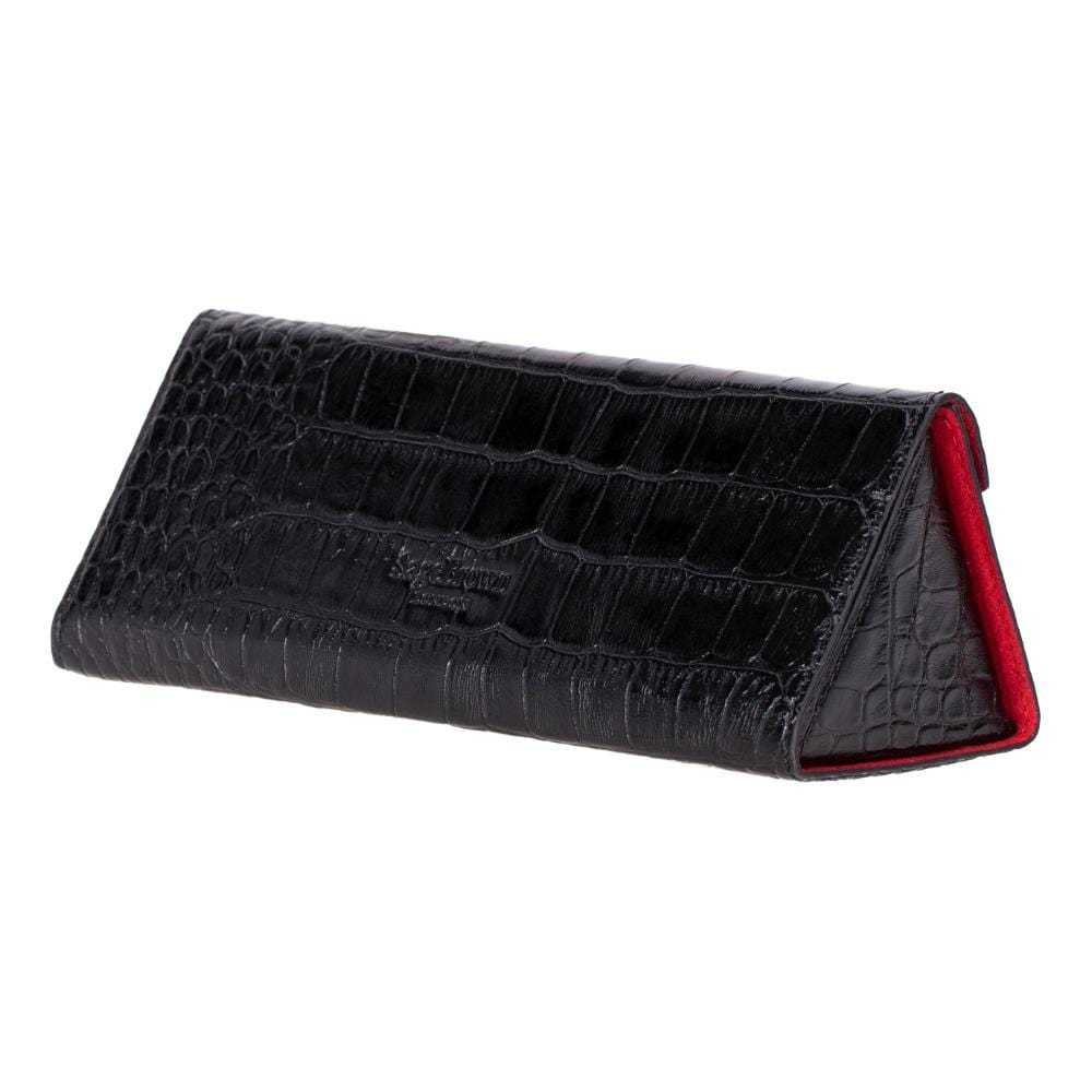 Triangular leather glasses case, black croc, back side