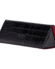 Triangular leather glasses case, black croc, back side