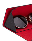 Triangular leather glasses case, black croc, close up