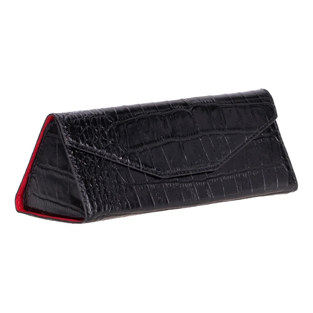 Triangular leather glasses case, black croc, side view