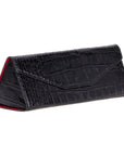 Triangular leather glasses case, black croc, side view