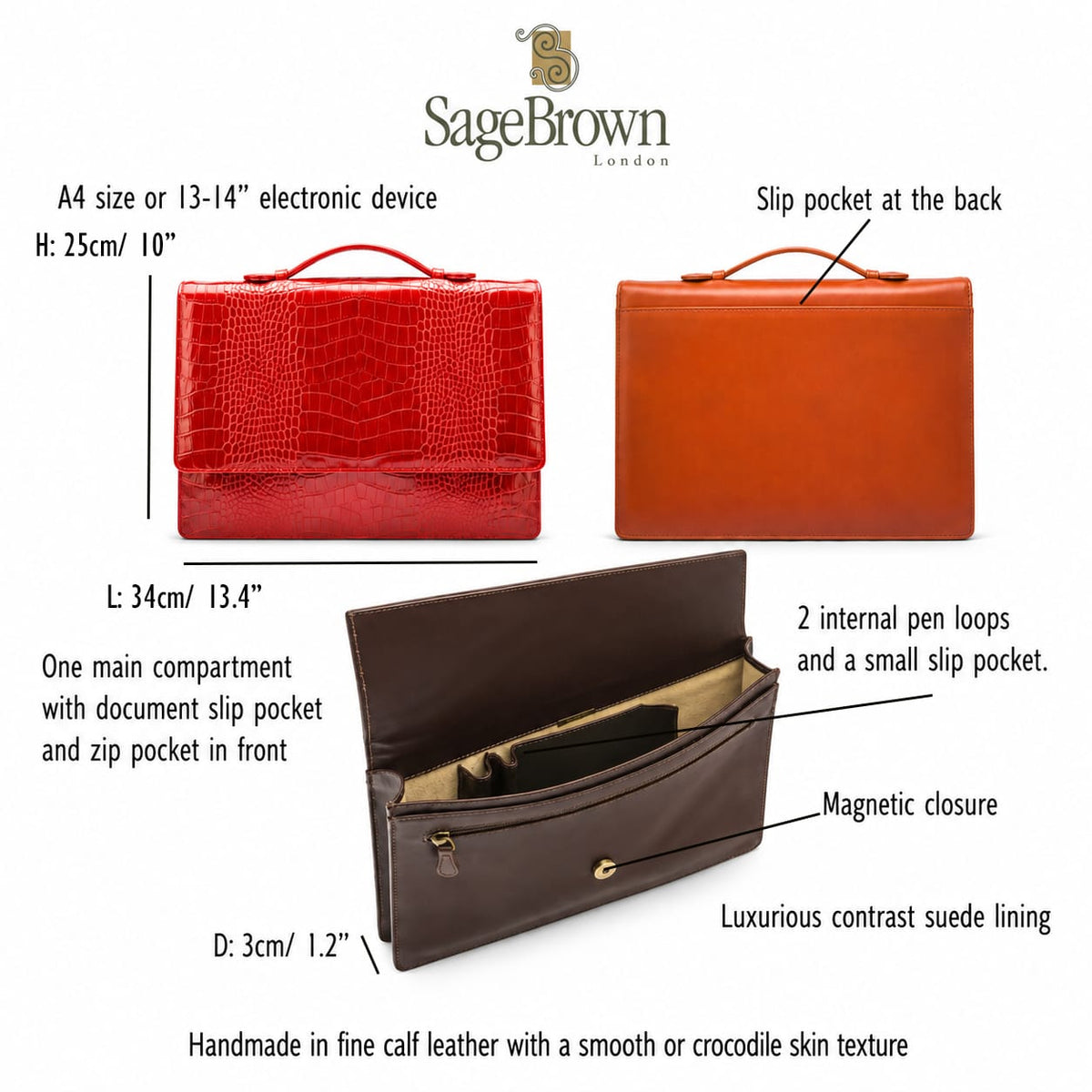 Ultra-Slim Leather Briefcase &amp; Laptop Document Folio, features and dimensions