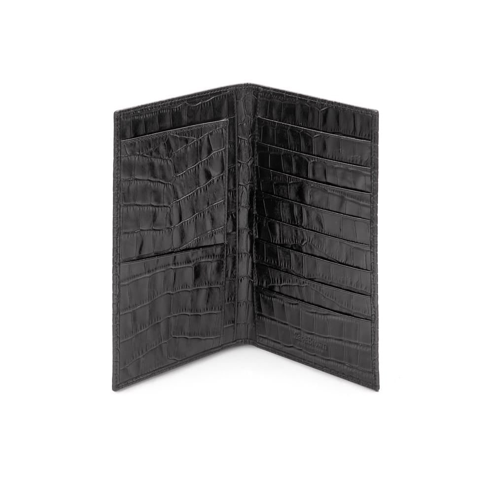 Slim tall leather suit wallet, black croc, open