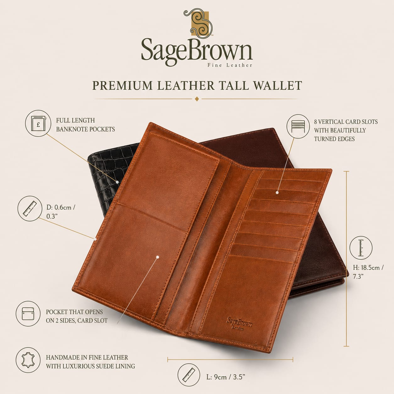 Tall leather wallet with 8 card slots,  features and measurements
