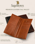 Tall leather wallet with 8 card slots,  features and measurements