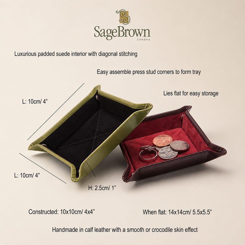 Small leather valet tray, features and dimensions