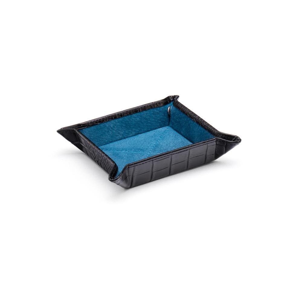 Small leather valet tray, black croc with cobalt, front