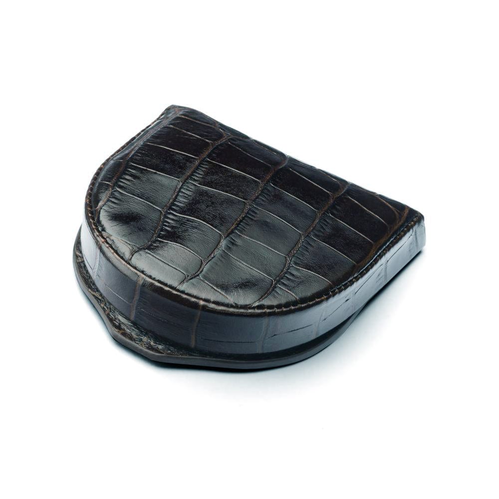 Leather horseshoe coin purse, black croc, front