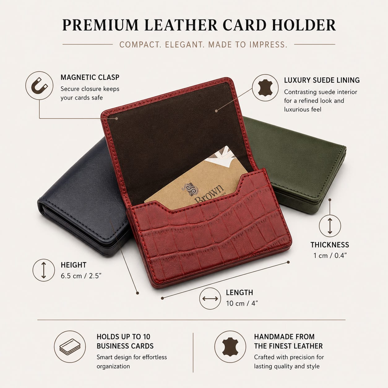 Business card holder, features and dimensions