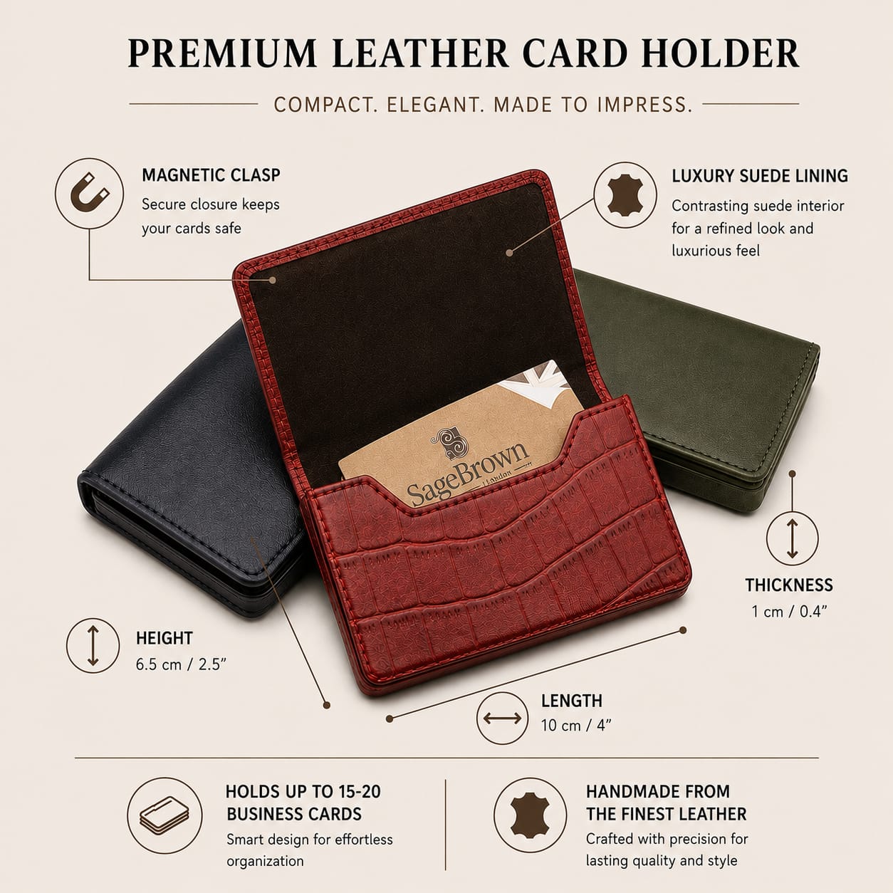 Luxury Leather Business Card Holder, features and dimensions
