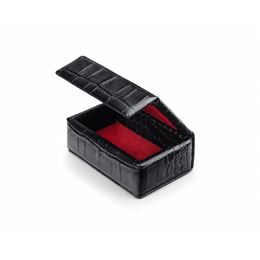 Miniature Leather Accessory Box, Black Croc Effect With Red, open