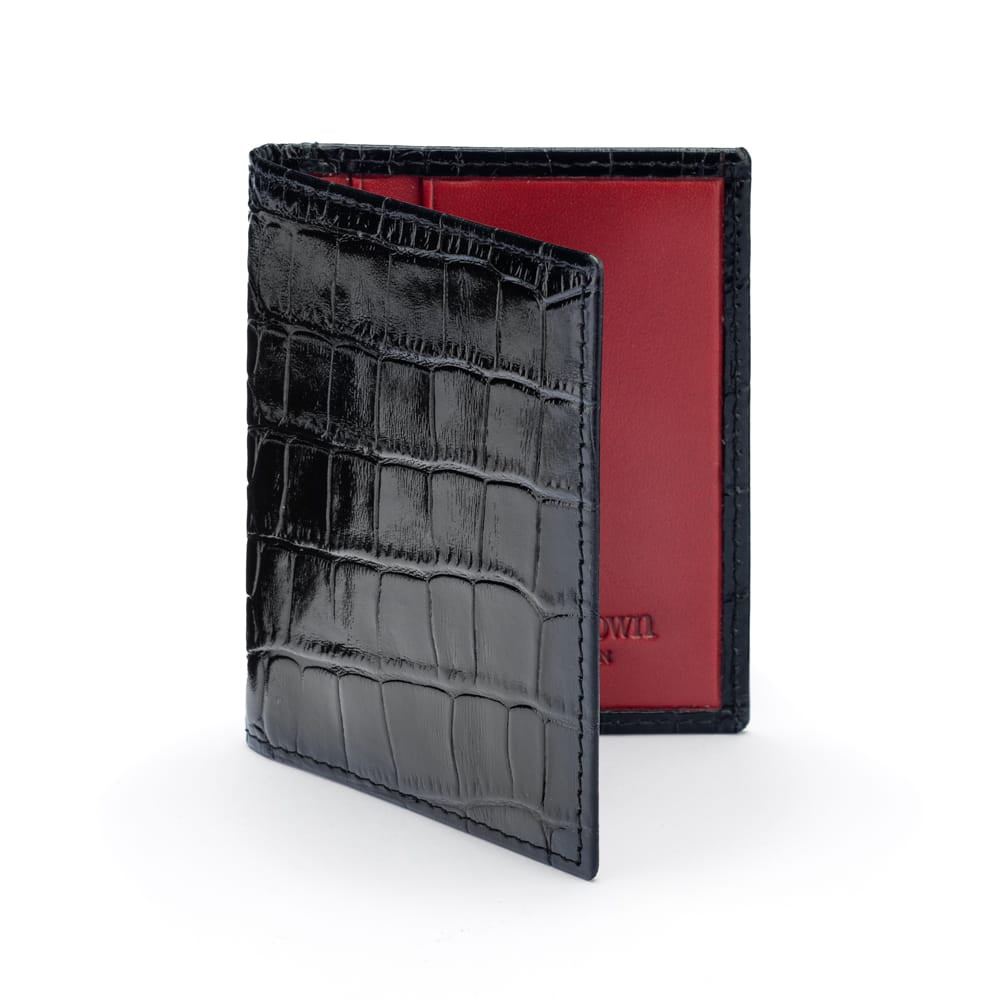 Premium Slim RFID Leather Credit Card Wallet, black croc with red, front