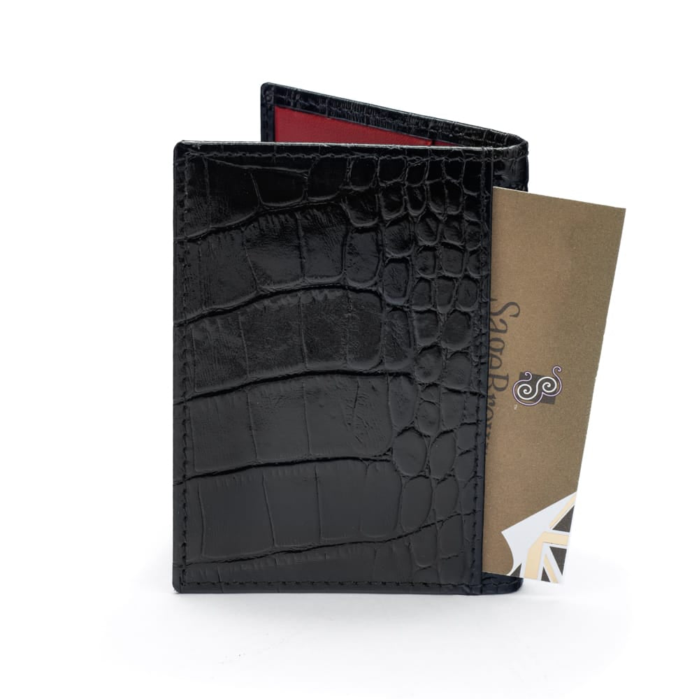 Premium Slim RFID Leather Credit Card Wallet, black croc with red, back