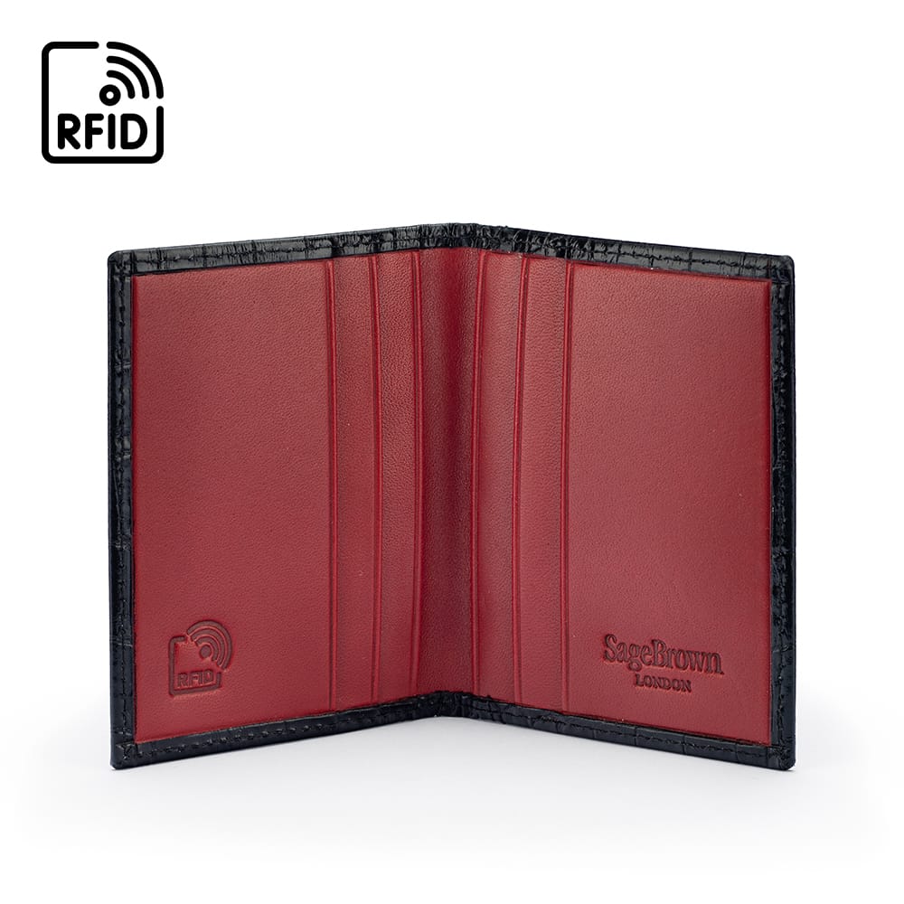 Premium Slim RFID Leather Credit Card Wallet, black croc with red, inside
