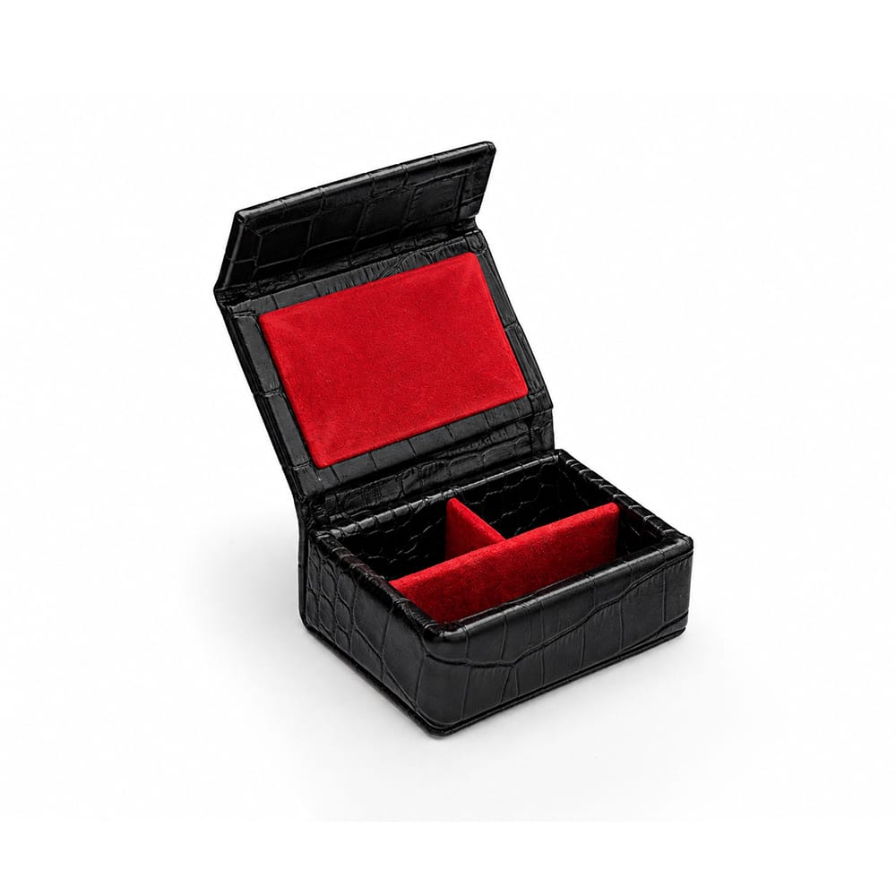 Small Leather Stud &amp; Collar Stiffener Box, Black Croc Effect With Red, open
