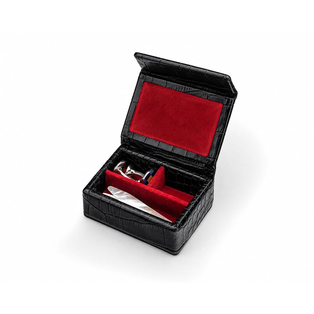 Small Leather Stud &amp; Collar Stiffener Box, Black Croc Effect With Red, inside