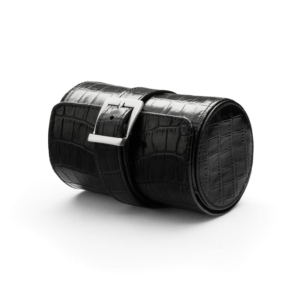 Small leather watch roll, black croc, front