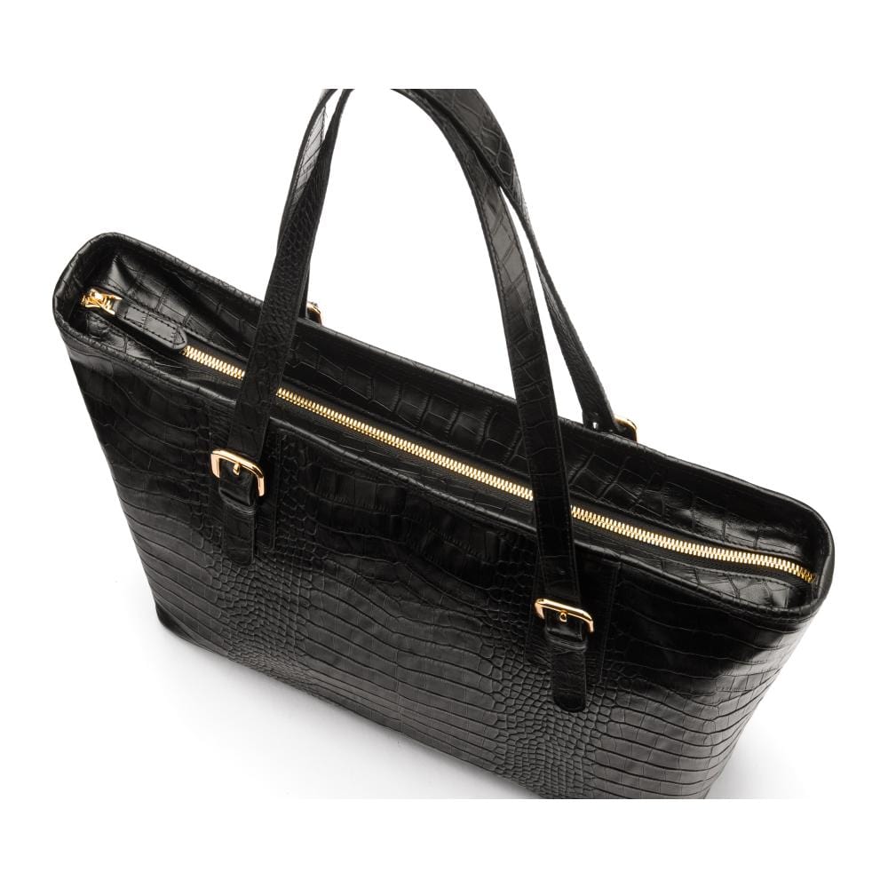 Women's leather 13" laptop workbag, black croc, top