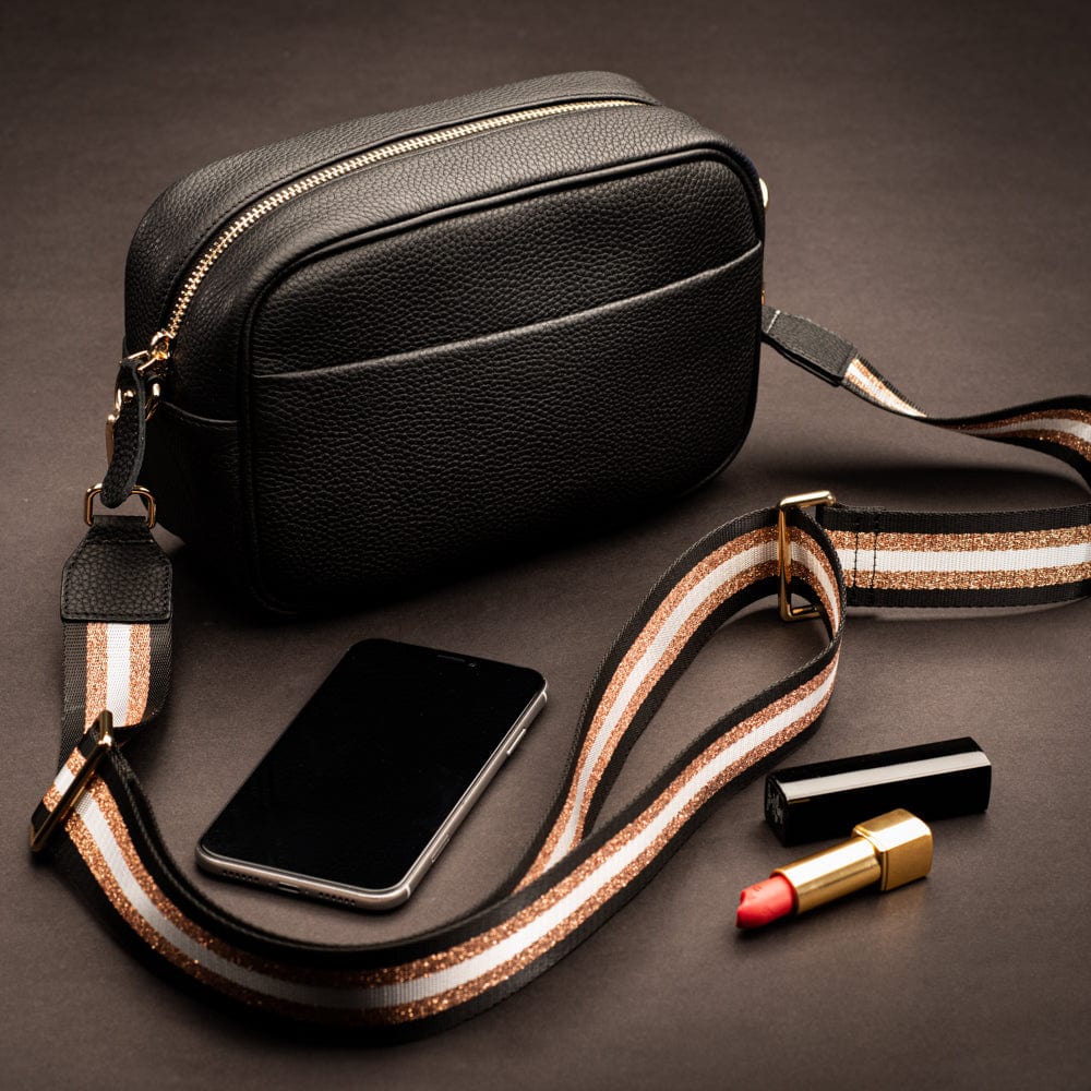 Leather cross body camera bag, black,, lifestyle