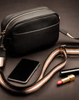 Leather cross body camera bag, black,, lifestyle