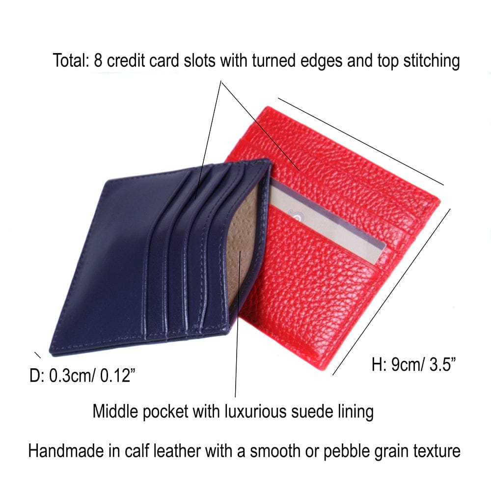 Flat leather 8 credit card wallet, features and dimensions