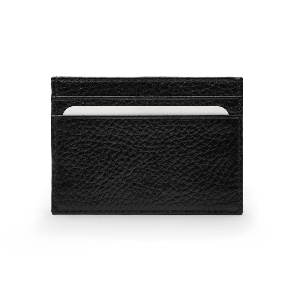 Flat leather credit card wallet 4 CC, black pebble grain, front