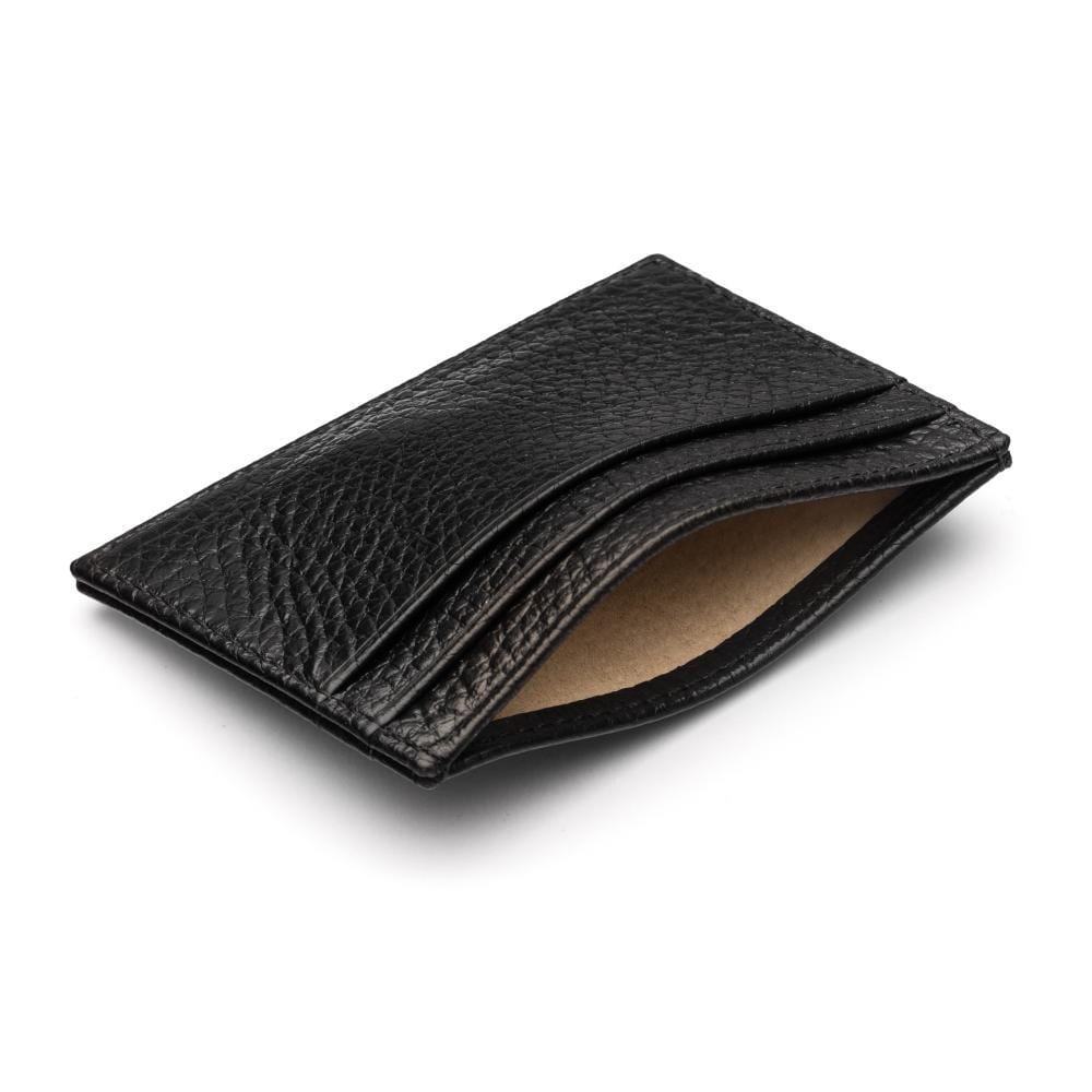 Flat leather credit card wallet 4 CC, black pebble grain, inside