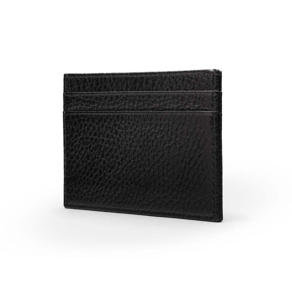 Flat leather credit card wallet 4 CC, black pebble grain, front