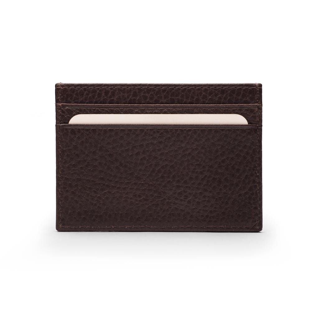 Flat leather credit card wallet 4 CC, brown pebble grain, front