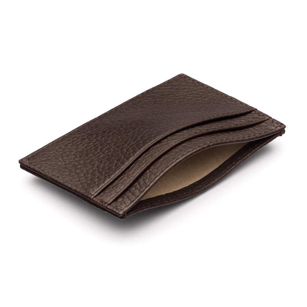 Flat leather credit card wallet 4 CC, brown pebble grain, inside