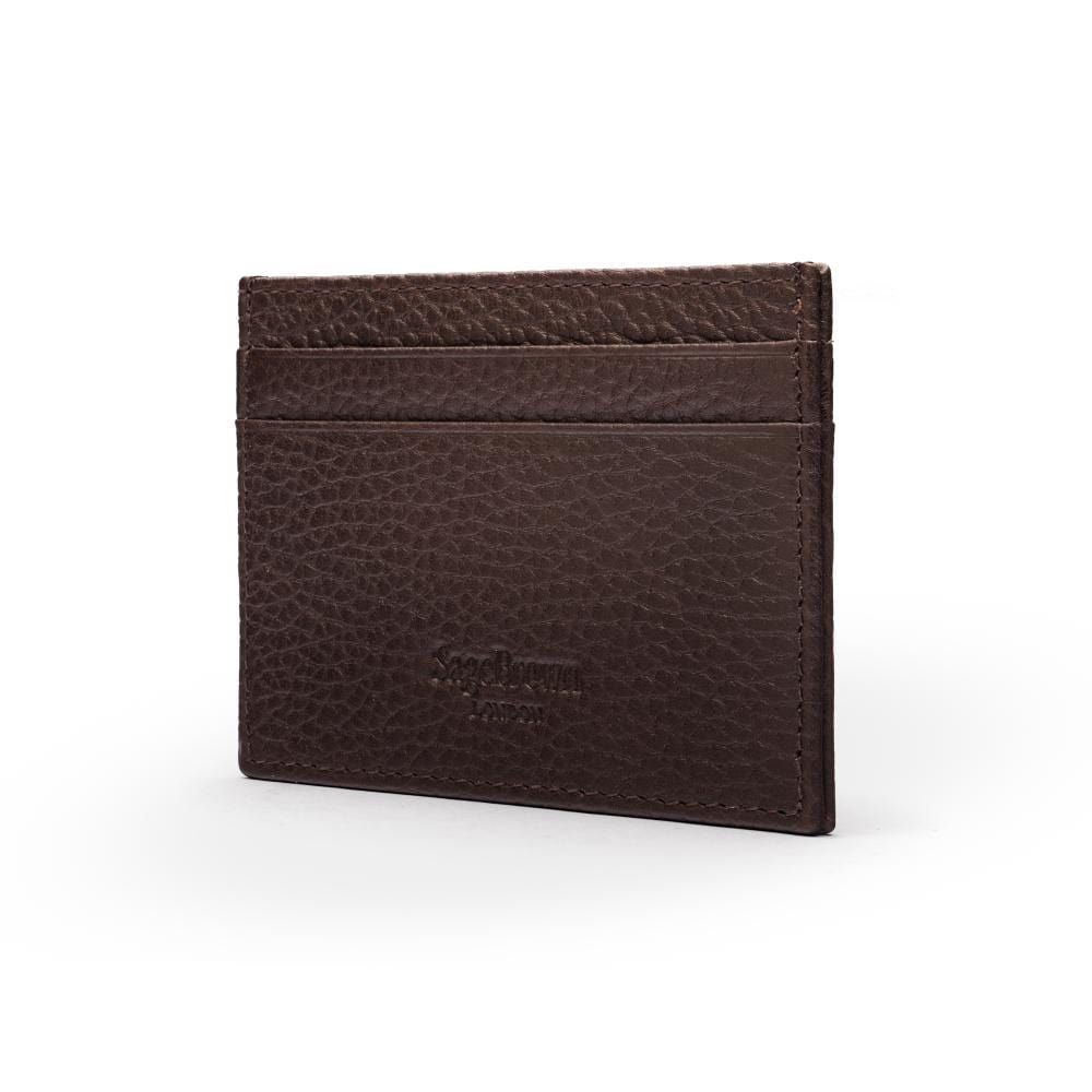 Flat leather credit card wallet 4 CC, brown pebble grain, back