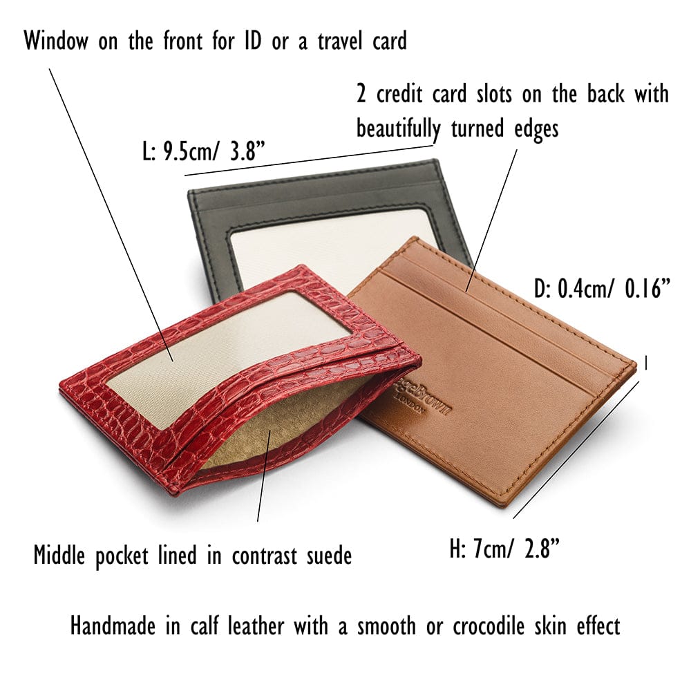 Flat leather card wallet with ID window, features and dimensions