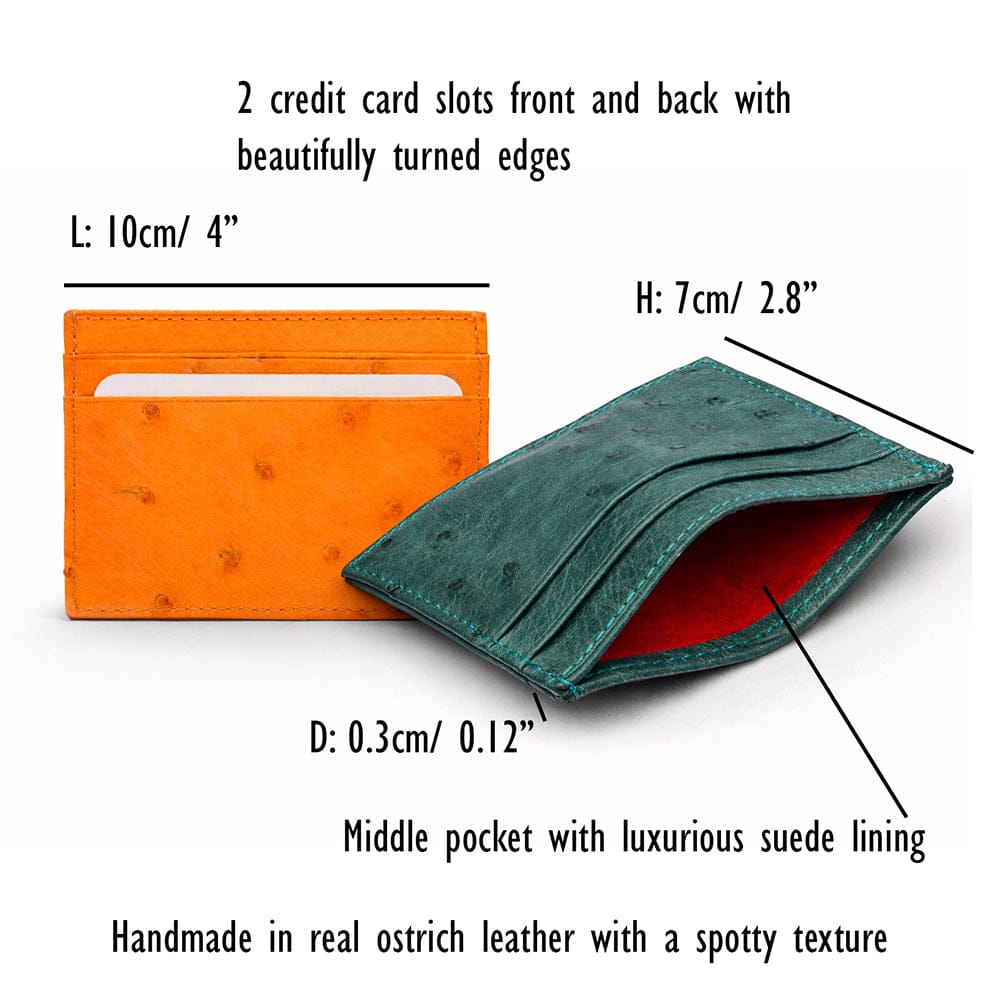 Flat ostrich leather credit card case, features and dimensions