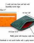 Flat ostrich leather credit card case, features and dimensions