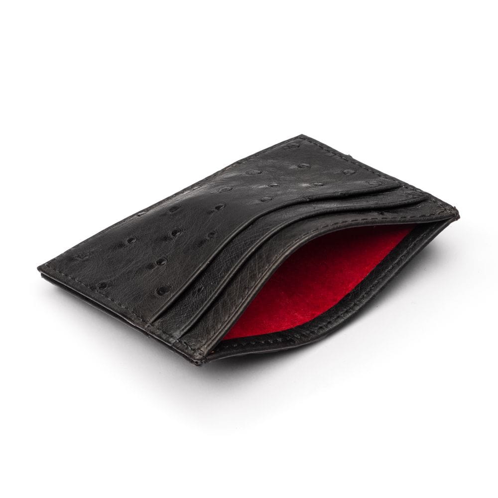 Flat ostrich leather credit card case, black ostrich leather, inside