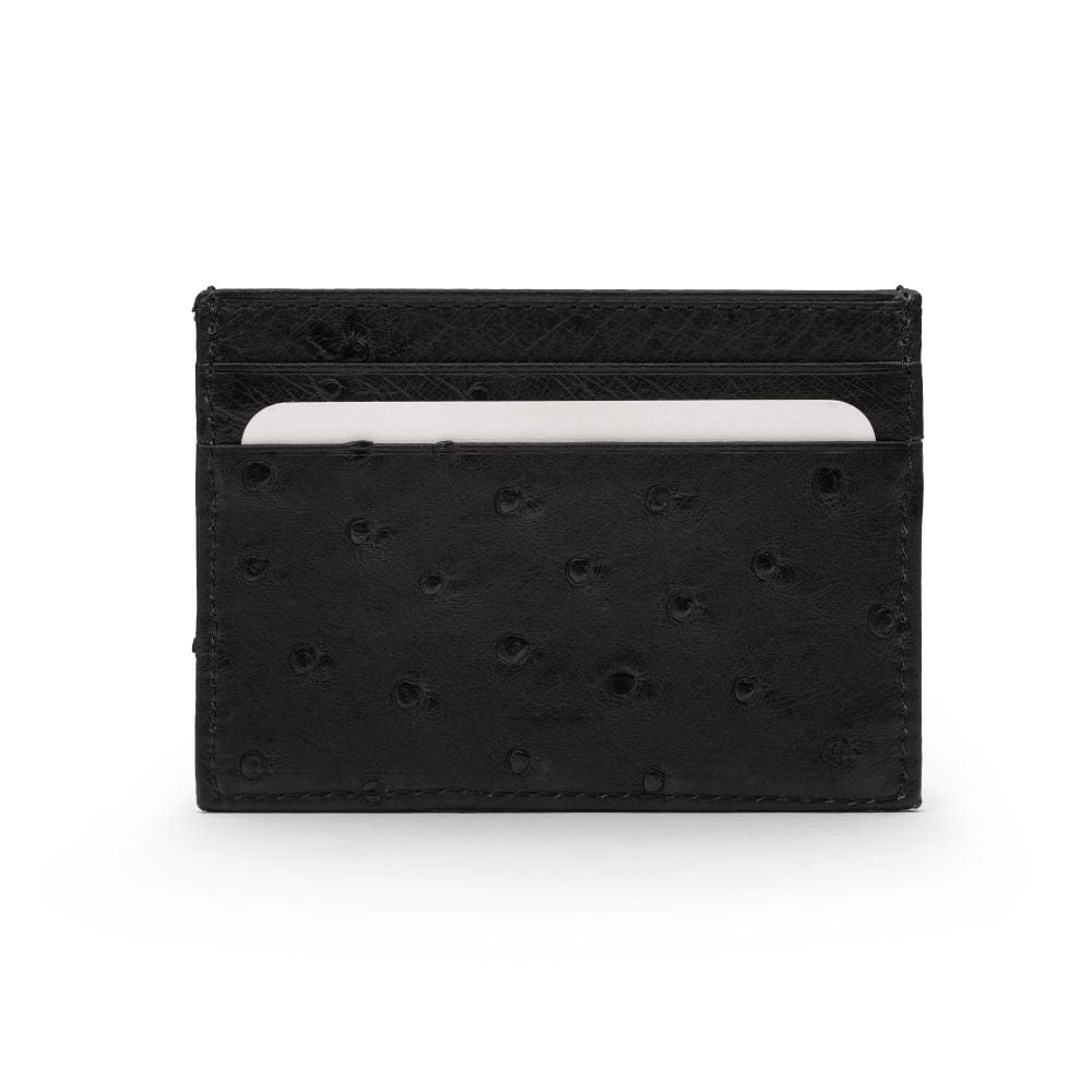 Flat ostrich leather credit card case, black ostrich leather, front