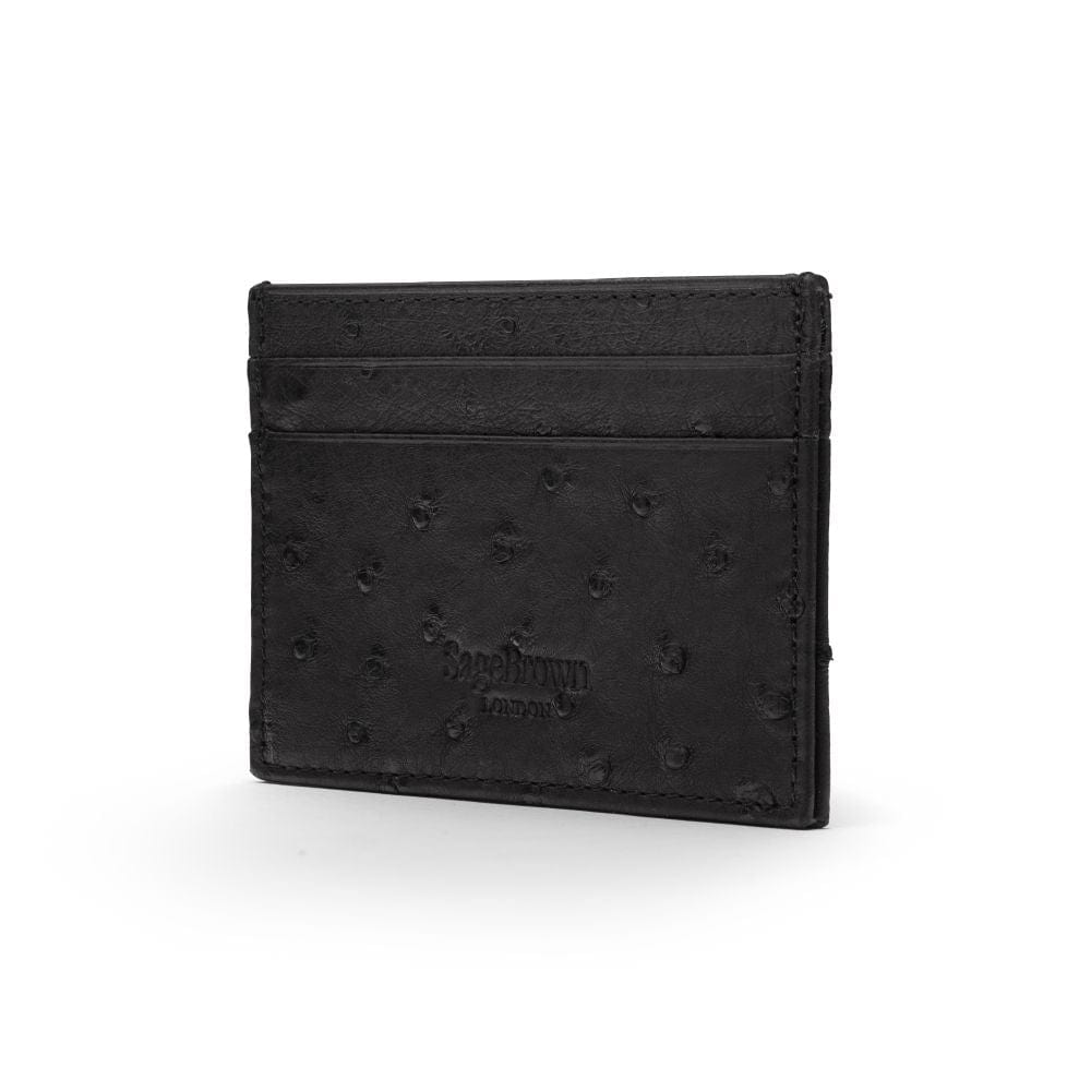 Flat ostrich leather credit card case, black ostrich leather, back