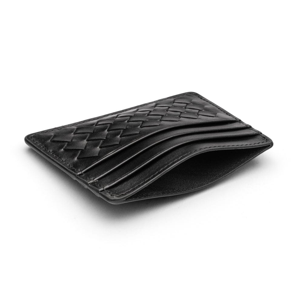Flat woven leather card holder, black, inside