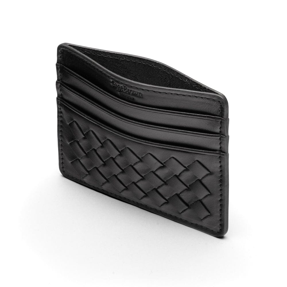 Flat woven leather card holder, black, back
