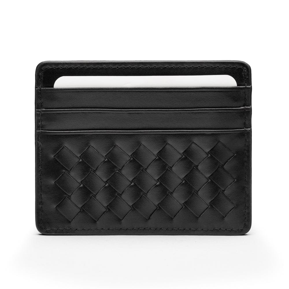 Flat woven leather card holder, black, front