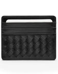 Flat woven leather card holder, black, front