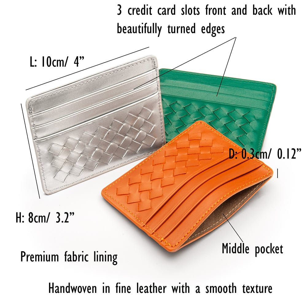 Flat woven leather card holder, features and dimensions