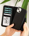 iPhone 15 case in leather with RFID, black, lifestyle